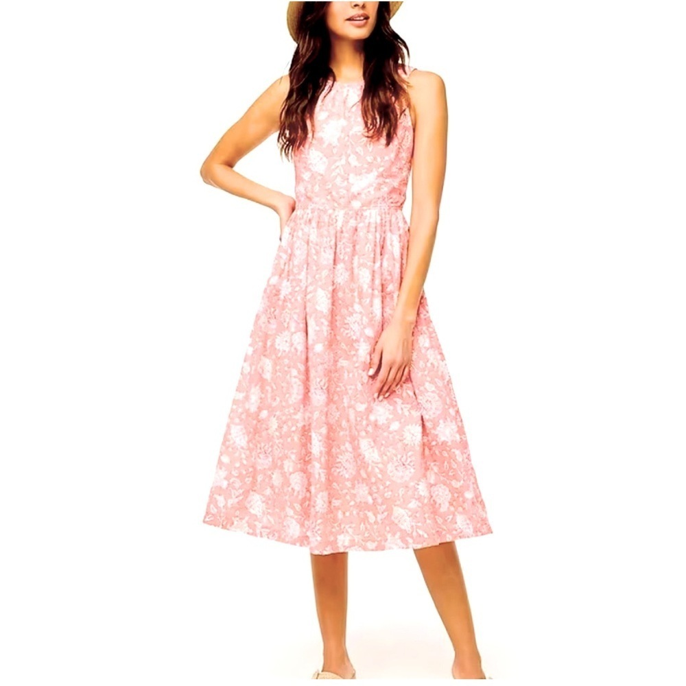 NWT! J Crew Pink, Coral and White Tie-Neck Midi Fit and Flare Dress Size 0
